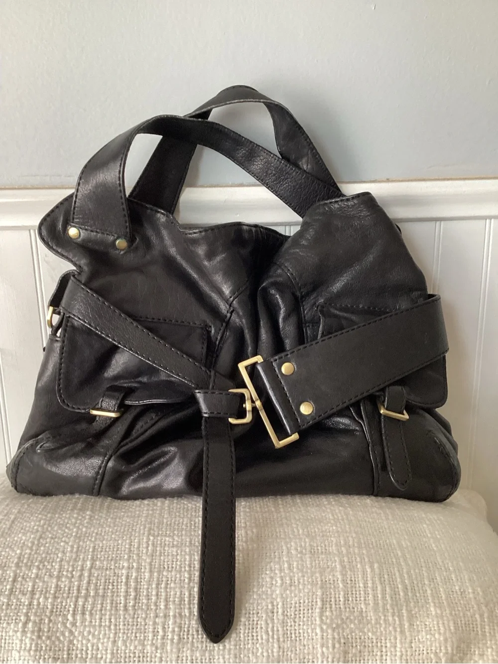 Kooba Black Leather Hobo with Gold Buckle Accents